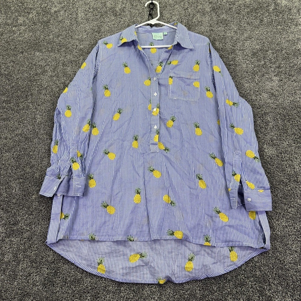 True Destinations Shirt Womens Large Blue Pineapple Striped Button Up Tunic Top